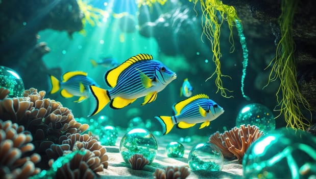 Vibrant underwater scene featuring colorful fish swimming among coral and bubbles in a sunlit ocean photo