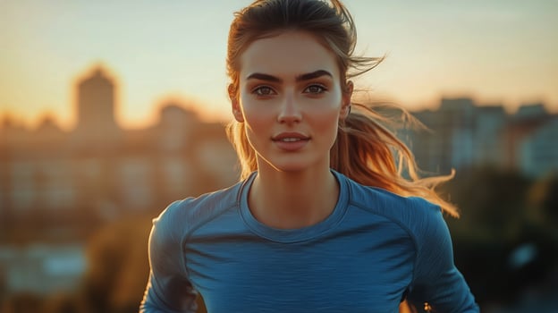 Fitness Enthusiast Runs in Urban Park at Sunset Showcasing Determination and Vitality photo
