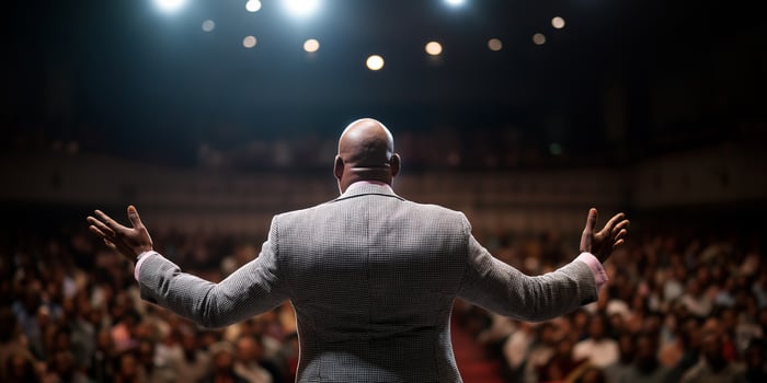 speaker engaging audience on stage photo