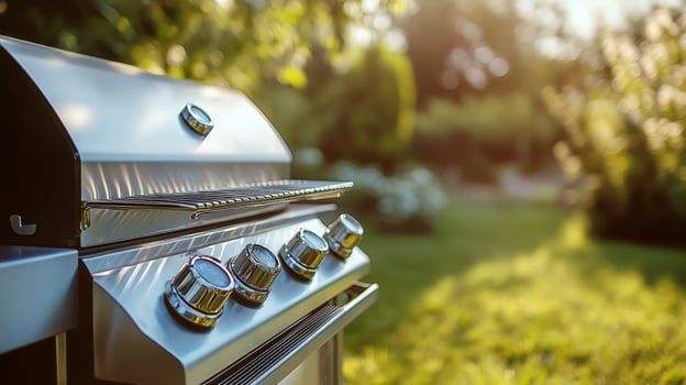 Grilling Outdoors at Sunset in a Lush Garden With a Shiny Barbecue Grill photo