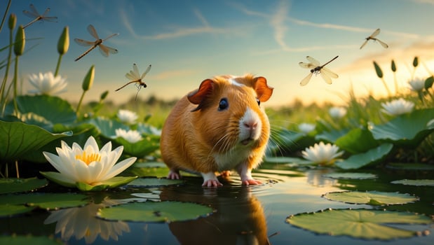 A cute guinea pig standing on lily pads in a serene pond, surrounded by dragonflies at sunset photo