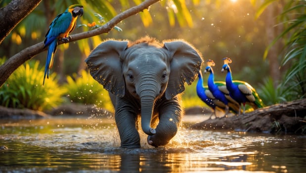 A playful elephant splashes in a serene waterhole surrounded by vibrant peacocks and a parrot photo