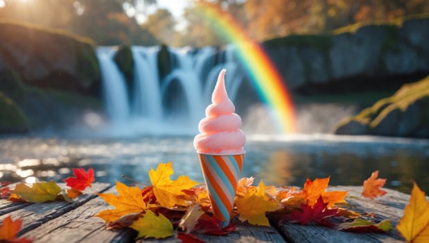 Pink soft-serve ice cream cone on a wooden dock surrounded by autumn leaves with a waterfall and rainbow photo