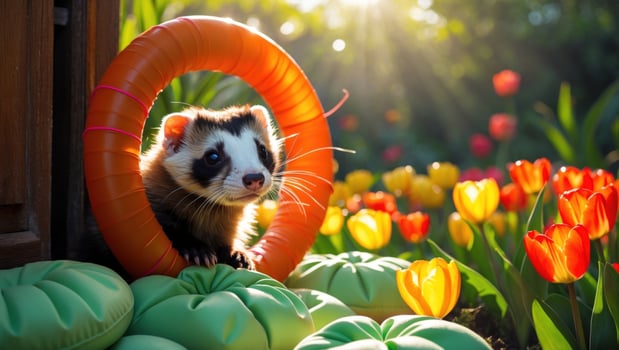 Playful ferret peeking through a colorful hoop surrounded by vibrant tulips in a sunny garden photo