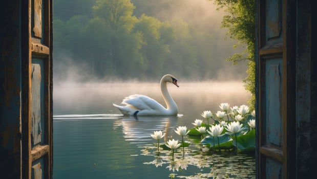 Serene view of a swan gliding through a misty lake surrounded by blooming water lilies at dawn photo
