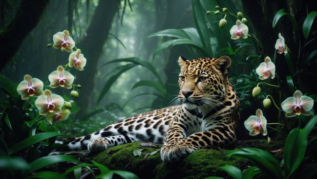 Majestic leopard resting among vibrant orchids in a lush green jungle, showcasing nature's beauty photo