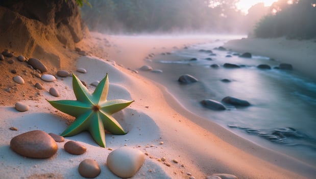 Tranquil riverbank scene at dawn with a green plant and pebbles on sandy shore, misty background photo