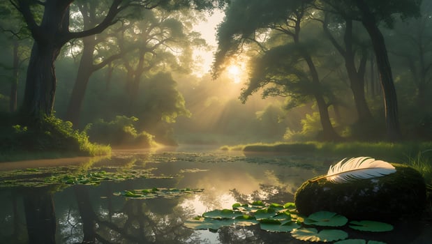Serene forest landscape with sun rays illuminating a tranquil pond surrounded by lush greenery photo