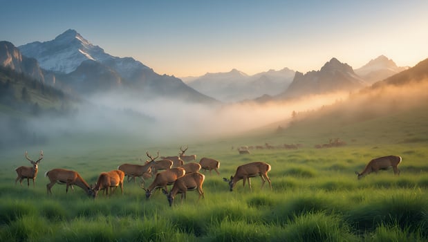 Majestic deer grazing in a lush green meadow surrounded by misty mountains at sunrise photo