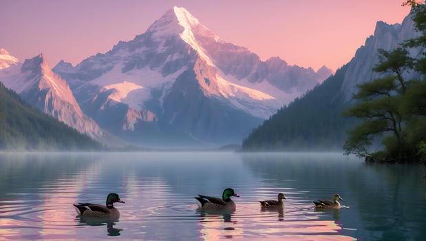 Serene lake scene featuring ducks swimming peacefully with majestic mountains in the background at dusk photo