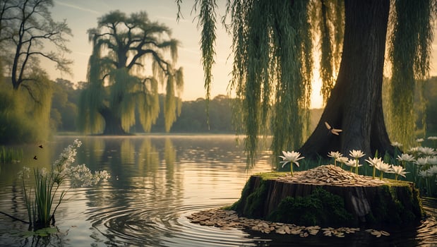 Serene lakeside scene at dawn featuring a tree stump adorned with flowers and a tranquil reflection photo