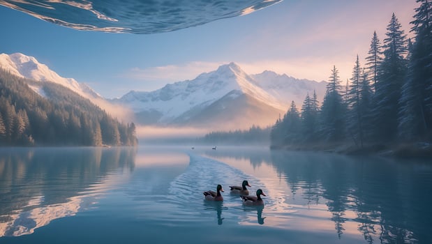 Serene lake scene with ducks swimming in calm waters, surrounded by majestic mountains and pine trees photo
