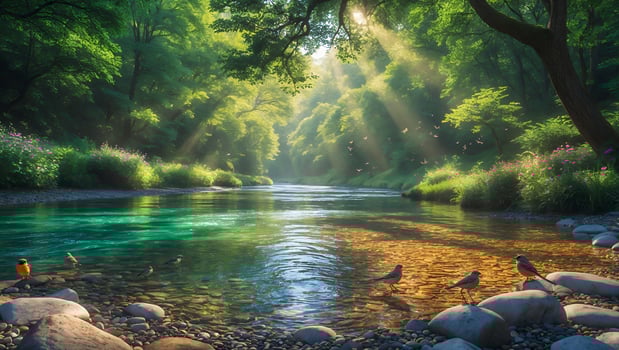 Serene river flowing through a lush green forest with sunlight filtering through trees, birds perched nearby photo
