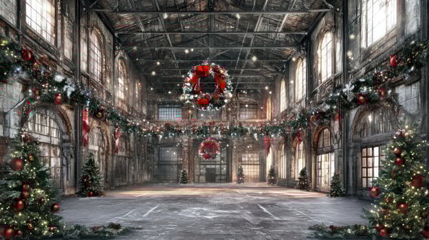 Industrial hall decorated with red Christmas wreaths, fir garlands and Christmas trees with ornaments and lights. Winter interior decor. Christmas celebration. photo