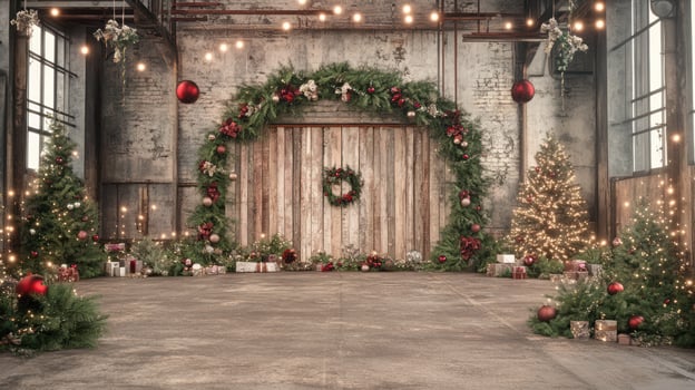 Warehouse interior with large Christmas garland arch, fir trees, lights and wooden wall decorated with wreaths and gift boxes. Rustic winter decor. Christmas celebration. photo
