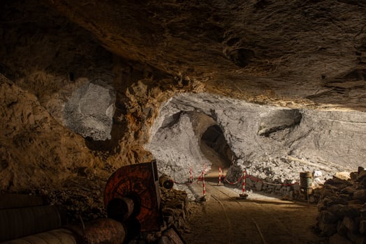 Interior of the Dossena mineStones from the Dossena mine colored black and white photo
