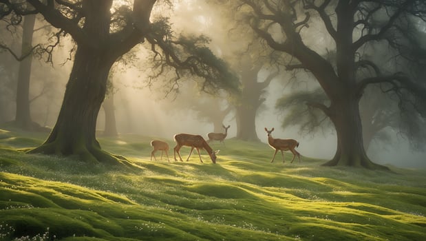 Serene forest scene with deer grazing in lush green meadow under soft sunlight filtering through trees photo
