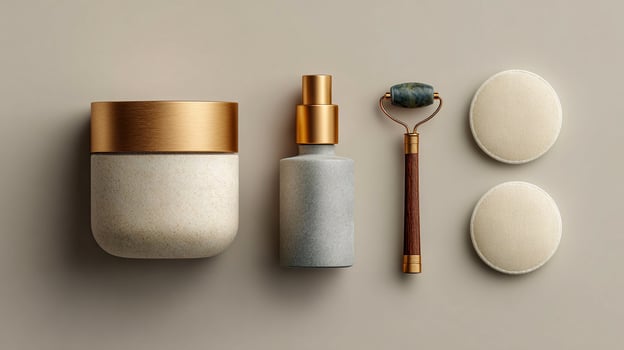 Aesthetic Flat Lay of Skincare Products on Soft Beige Background photo