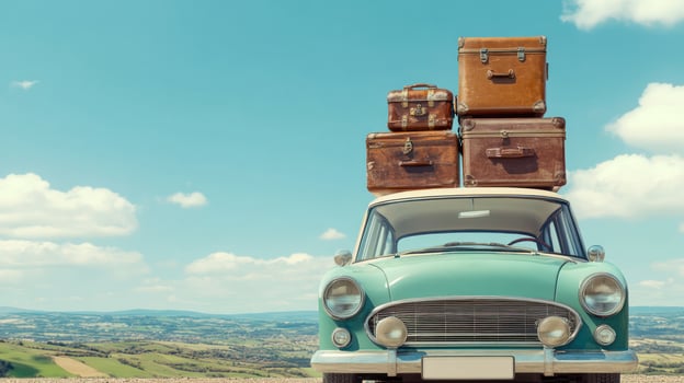 Front view of retro car with vintage leather suitcases on roof rack parked in countryside under blue sky. Summer travel and vacation concept. photo