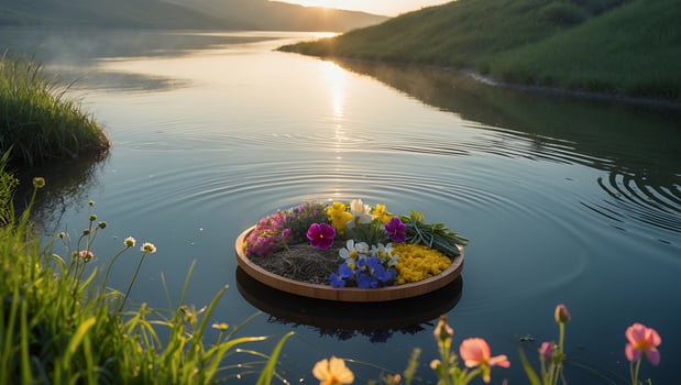 Serene floating floral arrangement on a calm river at sunrise, surrounded by lush greenery and wildflowers photo