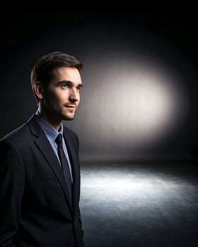 man on a dark background. Black and gold abstract background in a minimalist style with luxurious lighting effects. photo