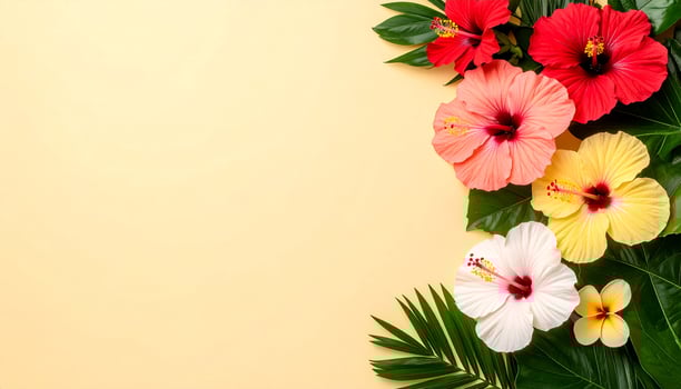 Cluster of Hibiscus Flowers Arranged on Right Side with Large Green Leaves and Clean Background for Floral Display photo