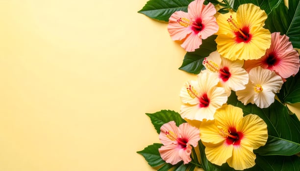 Right Side Cluster of Hibiscus Flowers with Green Leaves Clean White Background Floral Art photo