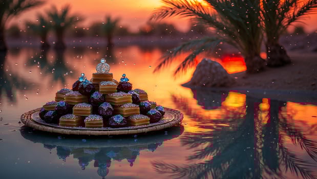 A beautifully arranged platter of sweet pastries and dates by a tranquil water surface at sunset photo