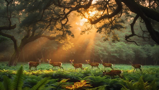Serene deer walking through lush green ferns under golden sunlight in a tranquil forest setting photo