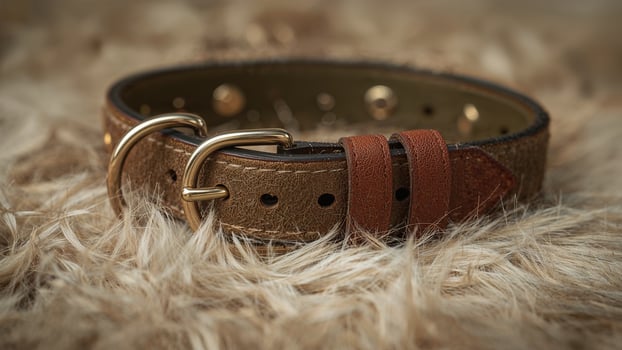 Close-up shot of a dog collar with a blurred background photo