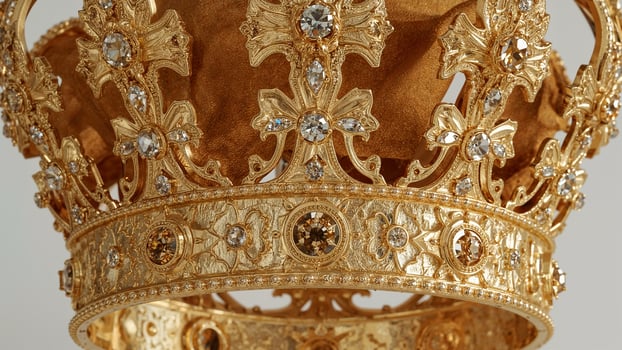 Close-up of a royal crown in gold, set against a neutral background photo
