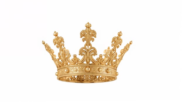 Golden royal crown perched against a plain white backdrop, no shadows. photo