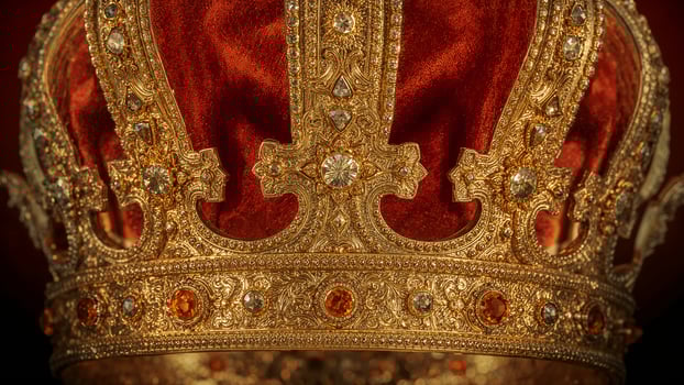 Close-up of a royal crown, featuring a regal gold design against a blurred background photo