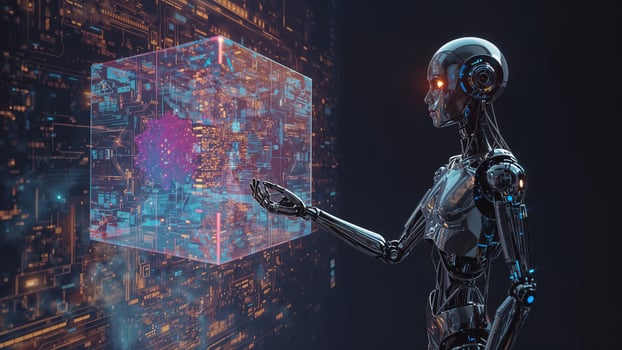 Futuristic silver android interacting with advanced technological devices in a sleek environment photo