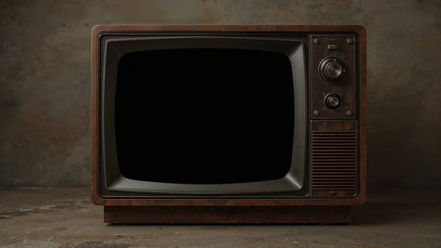 Retro television featuring a blank, dark screen mock-up against a vintage display backdrop photo