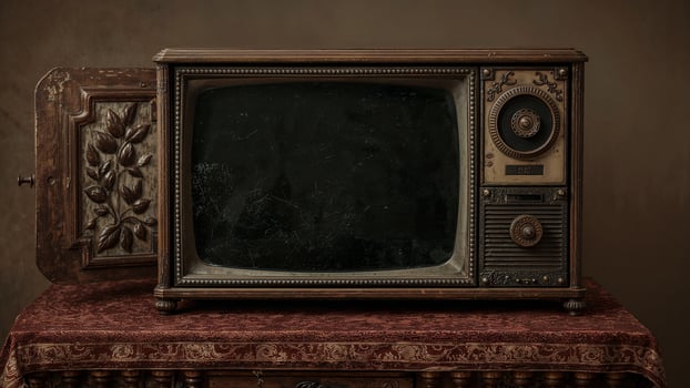 Retro television mockup with a blank, darkened screen and vintage style background photo
