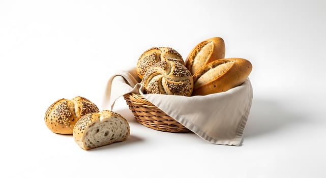 Assortment of freshly baked breads in a wicker basket photo