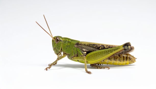 Close-up of a grasshopper against a white background, no shadows present photo