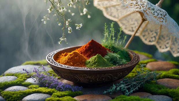 Vibrant assortment of spices in a decorative bowl surrounded by fresh herbs and flowers outdoors photo