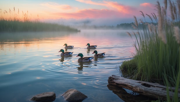 Tranquil morning scene with ducks swimming in a misty lake surrounded by lush grass and vibrant sky photo