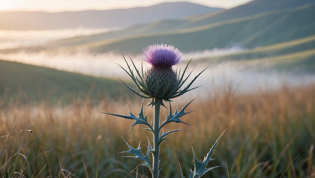 Majestic thistle flower blooming in a misty valley at sunrise, surrounded by rolling green hills photo