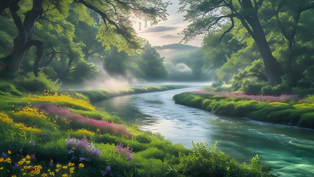 Serene river winding through lush greenery with vibrant flowers under a misty morning sky photo