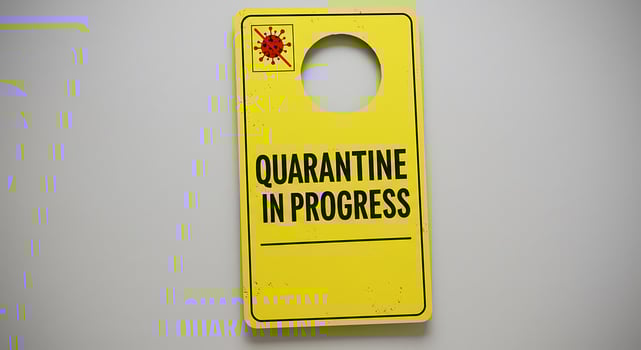 Quarantine in Progress Sign Yellow Plastic Warning Tag Pandemic Disease Prevention photo