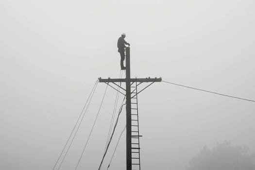 A man standing on top of a power pole in the fog photo