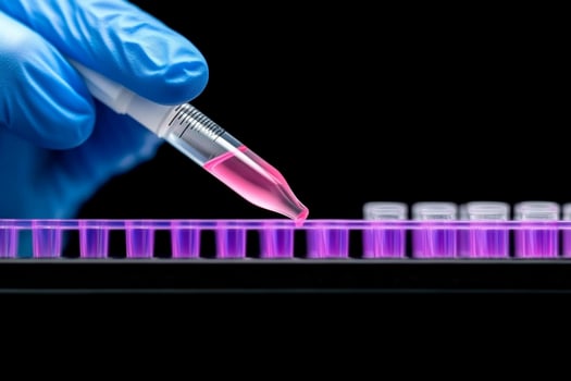A person in blue gloves holding a test tube photo
