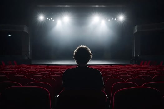 A person sitting in front of a theater with bright lights photo