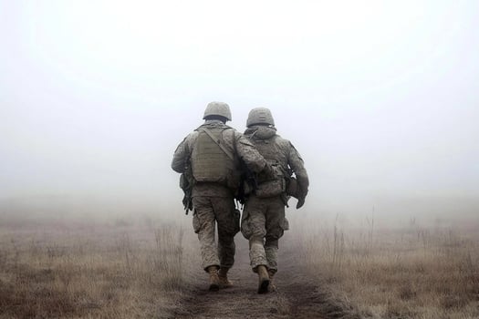 Two soldiers walk down a dirt road in the fog photo