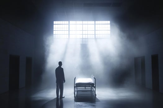 A man stands in a dark room with a bed photo