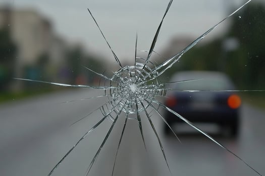 A broken windshield with a car driving by photo