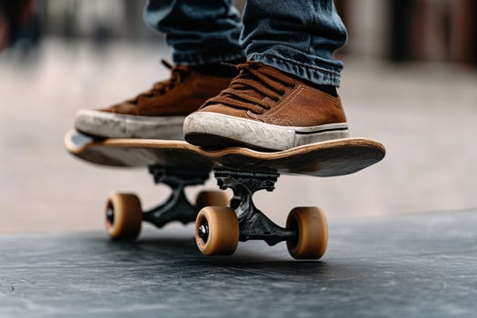 A person riding a skateboard on a concrete surface photo